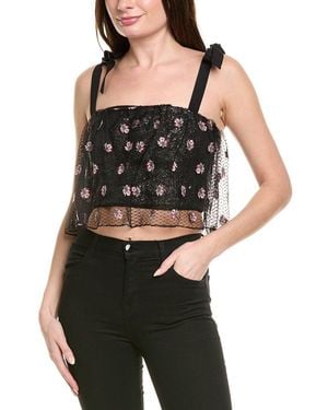 Saloni Sequin Silk-Trim Top - Black