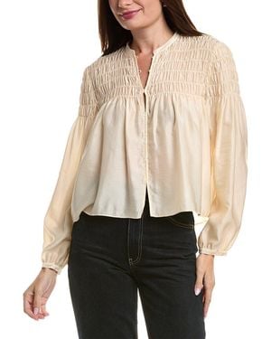 FRAME Frame Smocked Collarless Silk-blend Blouse - Natural