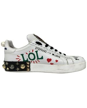 Dolce & Gabbana Leather Printed Portofino Sneaker (Authentic Pre- Loved) - White