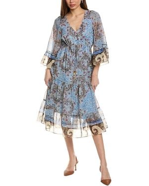 Kobi Halperin Logan Print V-Neck Ruffle Sleeve Dress - Blue