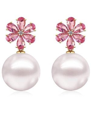 Kai Fine Jewelry 14K 2.33 Ct. Tw. Diamond & Tourmaline & 12-13Mm Pearl Drop Earrings - Pink