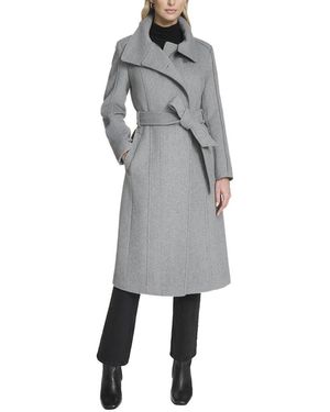 Cole Haan High Neck Slick Wool-Blend Belted Coat - Grey