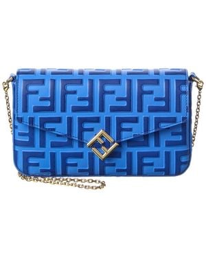 Fendi Ff Diamonds Leather Wallet On Chain - Blue