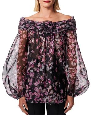 Carolina Herrera Off Shoulder Twisted Flower Silk Top - Red