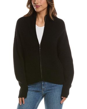 Forte Rib Zip Mock Neck 100% Cashmere Cardigan - Black