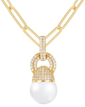 Splendid 12Mm Pearl Cz Plated Pendant - Metallic