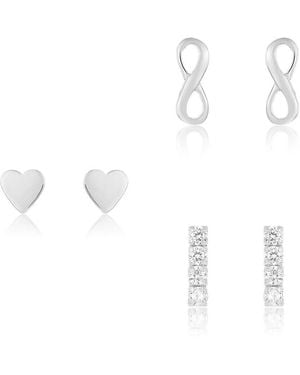Sterling Forever Silver Cz Set Of 3 Heart & Infinity Earrings - White