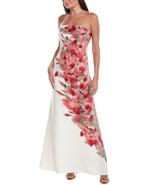 Badgley Mischka Floral Placement Strapless Column Gown - Red