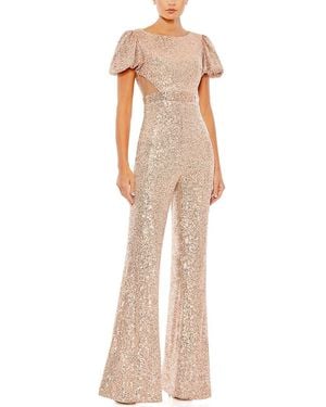 Mac Duggal Sequined Puff Shoulder Illusion Cutout Jumpsuit - Natural