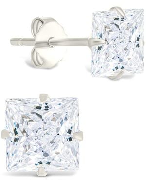 Sterling Forever Silver Cz Princess Cut Prong Set Stud Earrings - White