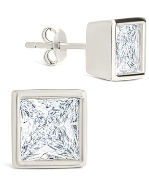 Sterling Forever Silver Cz Princess Cut Bezel Set Stud Earrings - White