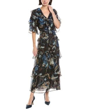 Marchesa Printed Silk-Blend Ruffle Midi Dress - Black