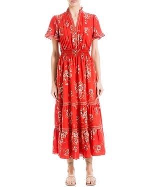 Max Studio Flutter Sleeve V-neck Tier Maxi Dress - Red