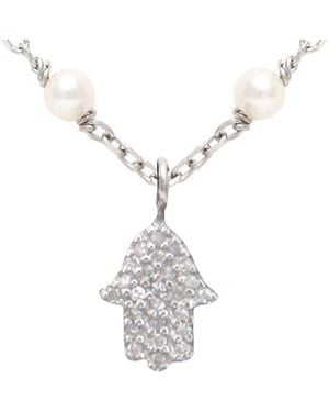 Jane Basch Silver 0.15 Ct. Tw. Diamond 2mm Pearl Hamsa Necklace - White