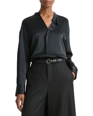 Vince Draped Stand Collar Silk Blouse - Black