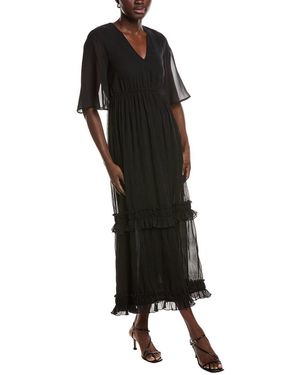 Ganni Pleated Georgette V-neck Maxi Dress - Black
