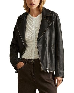 Reiss Beau-Relaxed Sheep Leather Biker Jacket - Black