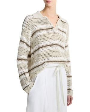 Vince Mesh Stripe Button Polo Shirt - White