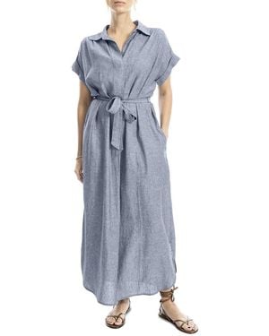 Max Studio Roll Sleeve Belted Linen-Blend Maxi Dress - Blue