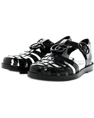 Gucci Leather Shiny Rubber Double G Buckle Strap Sandals 35 (Authentic Pre-Loved) - Black