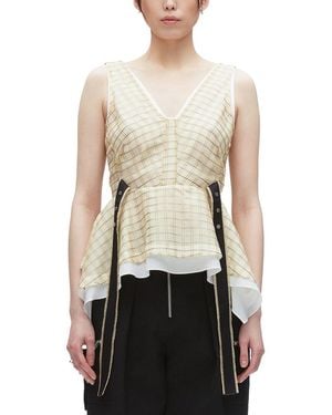 3.1 Phillip Lim Plaid Organza Sleeveless V-Neck Flounce Silk Top - Natural
