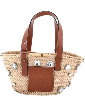 Loewe Basket Tote Crystal Embellished Raffia Small (authentic Pre-loved) - Brown