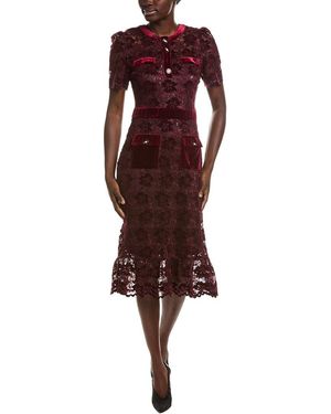NVLT Lace Velvet Midi Dress - Red