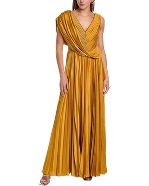 THEIA Satin Pleated A-line Gown - Metallic