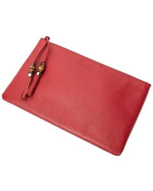 Gucci Red Grained Calfskin Leather Bamboo Tassel Zip Clutch (authentic Pre- Loved)