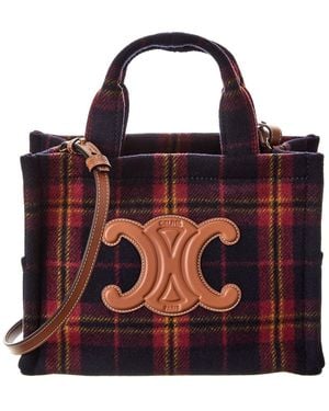 Celine Cabas Thais Small Tartan & Leather Tote - Red