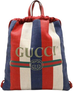 Gucci Canvas & Leather Tricolour Drawstring Backpack (Authentic Pre-Loved) - Red