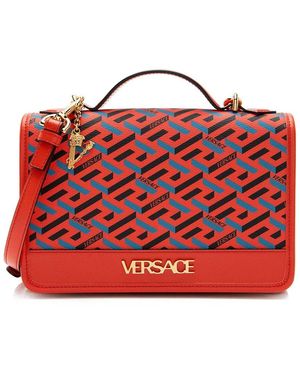 Versace Black Coated Canvas La Greca Top Handle (authentic Pre-loved) - Red