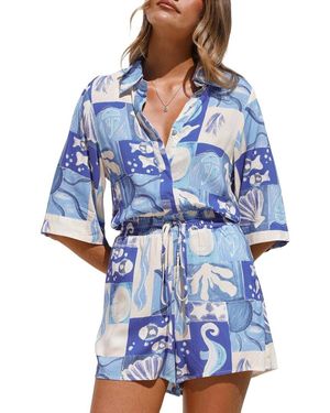Esea 2Pc Linen-Blend Shirt & Short Set - Blue