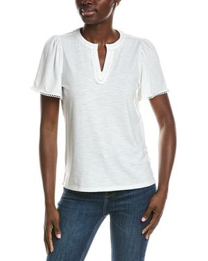 Jones New York Drapey Slub Split Neck Top - White