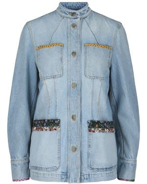 Valentino Embroidered Trimmed Denim Jacket - Blue