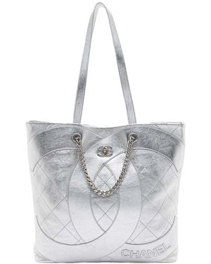 CHANEL Silver Lambskin Club Monaco Large Shopping Tote (authentic Pre-loved) - White