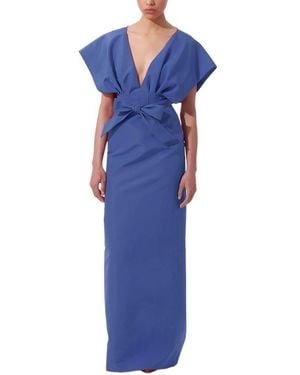 Carolina Herrera V-Neck Fan Bodice Silk Column Gown - Blue