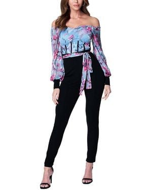 Bebe Printed Mesh Off Shoulder Catsuit - Blue
