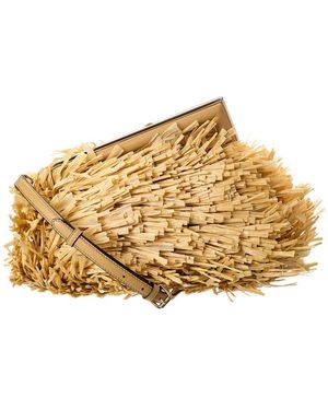 Fendi First Midi Raffia & Leather Clutch - Metallic