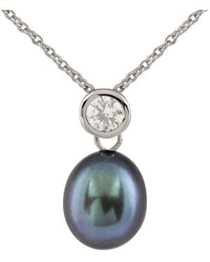 Splendid Rhodium Plated 7-8mm Pearl Cz Pendant Necklace - Blue