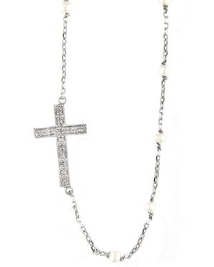 Gemstones Silver 0.08 Ct. Tw. Diamond 3-4mm Pearl Cross Necklace - White