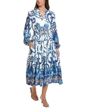 Gracia Floral Print Elastic Waist V-Neck Dress - Blue