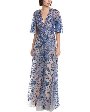 Marchesa Embroidery On Tulle Gown - Blue
