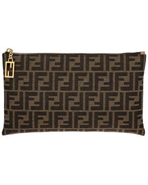 Fendi Flat Baguette Medium Leather-Trim Pouch - Black