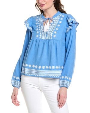 Sail To Sable Balloon Sleeve Linen-Blend Blouse - Blue