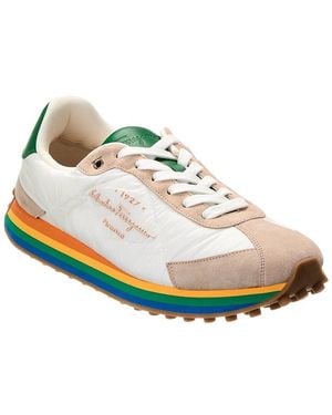 Ferragamo Iggy Dolmias Saddle B Suede & Leather-Trim Sneaker - White