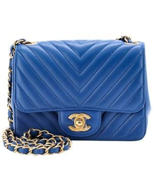CHANEL Blue Lambskin Chevron Quilted Leather Square Classic Single Flap, Never Carried (authentic Pre-loved)