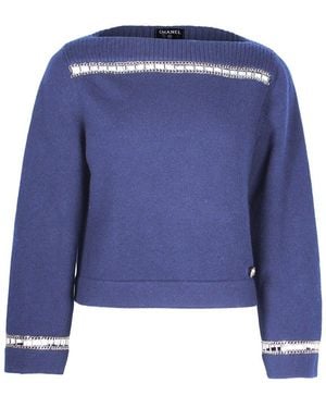 CHANEL Chain Trim Boat Neck Sweater (authentic Pre-loved) - Blue