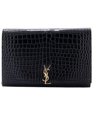 Saint Laurent Croc-Embossed Leather Classic Monogram Flap Chain Wallet (Authentic Pre-Loved) - Black