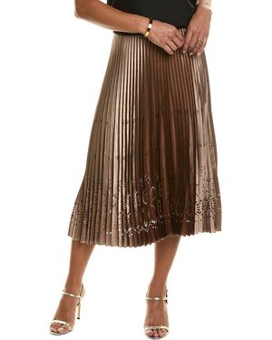 Tahari Lasercut Satin Pleated Skirt - Brown